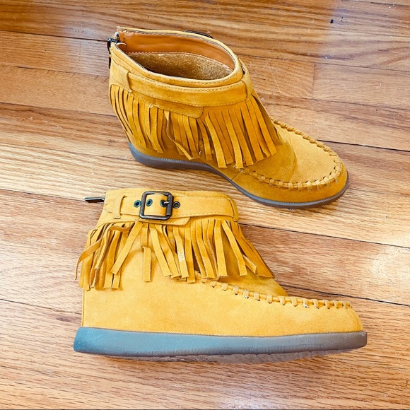 mustard fringe booties